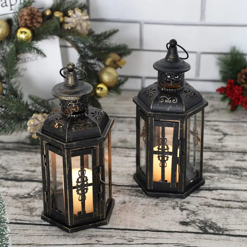 Vintage Nordic Iron Candle Holder Lanterns - Black and White Hanging Lanterns for Home Decor, Weddings, and Aesthetic Room Decoration