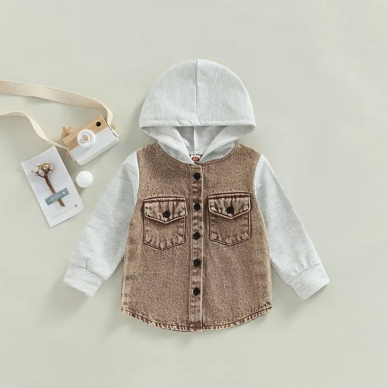 Stylish Kids Hooded Denim & Cotton Coat with Pockets - Long Sleeve Patchwork Cardigan for Kids Up to 4 Years Old