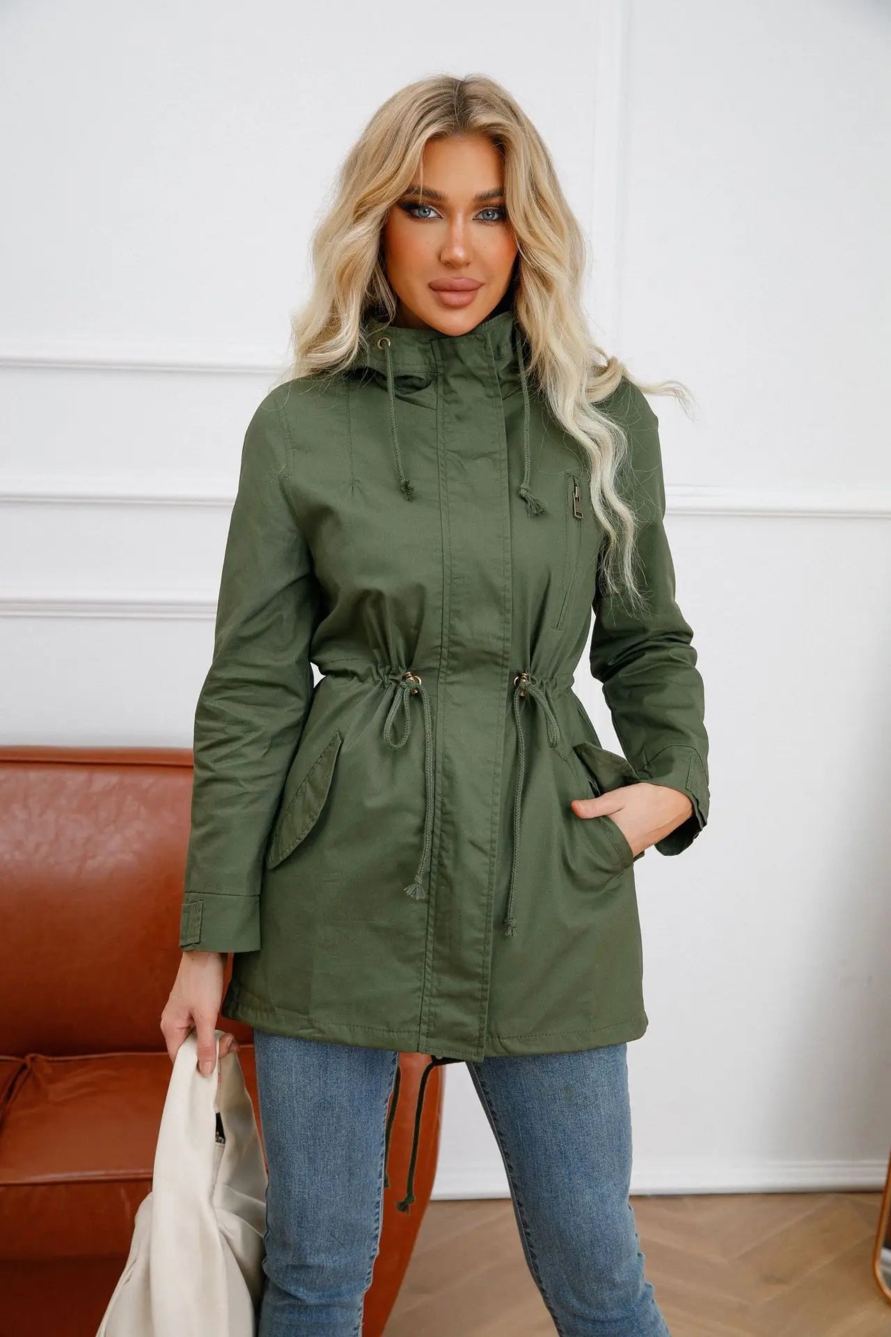 Hooded Windbreaker Jacket with Drawstring Waist and Pockets for Women - Comfortable and Stylish Trench Coat - Sizes S-4XL Available