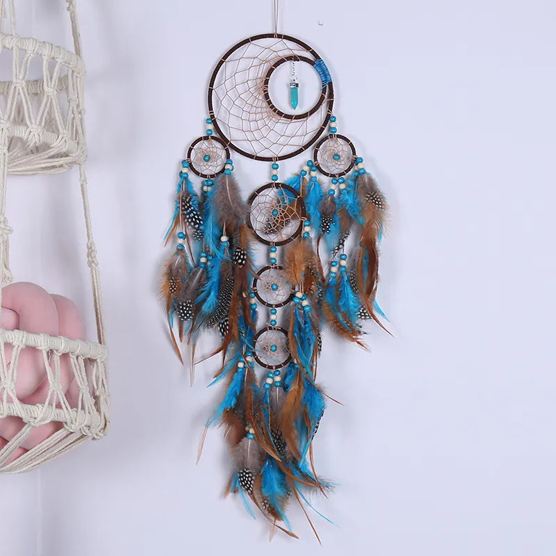 Handmade Indian Dreamcatcher with Rattan Bead Feathers - Bohemian Style Dreamcatcher