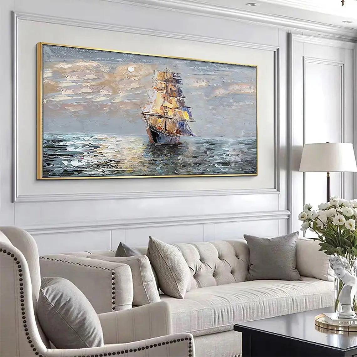 Noble Gray Abstract Sailboat Oil Painting on Canvas – Large Modern Landscape Wall Art for Living Room Decor