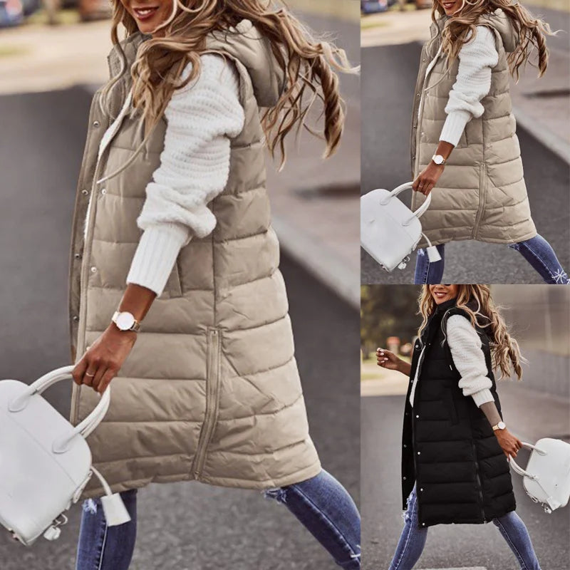 Women's Winter Long Quilted Sleeveless Waistcoat with Hood | Autumn/Winter Vest Coat (Up to 5XL)