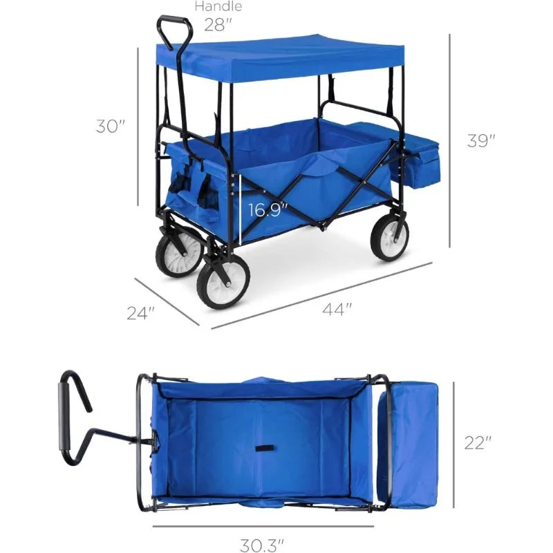 Alloy Steel Collapsible Folding Utility Wagon with Removable Canopy & Storage Pockets – 150lb Load Capacity for Outdoor Fun