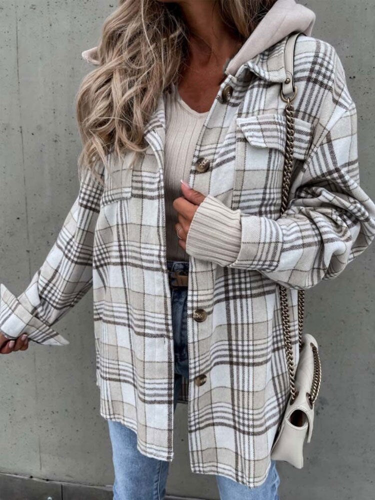 Women's Checkered Plaid Long Sleeve Hooded Flannel Jacket with Pockets - O-Neck Collar - Polyester Construction