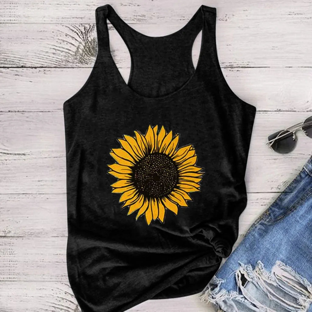 Women's Sleeveless Sunflower Print Tank Top - Summer Round Neck Top