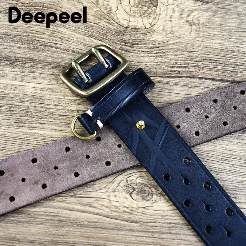 Retro Deepeel Men's Genuine Cowhide Leather Belt with Double Pin Buckle