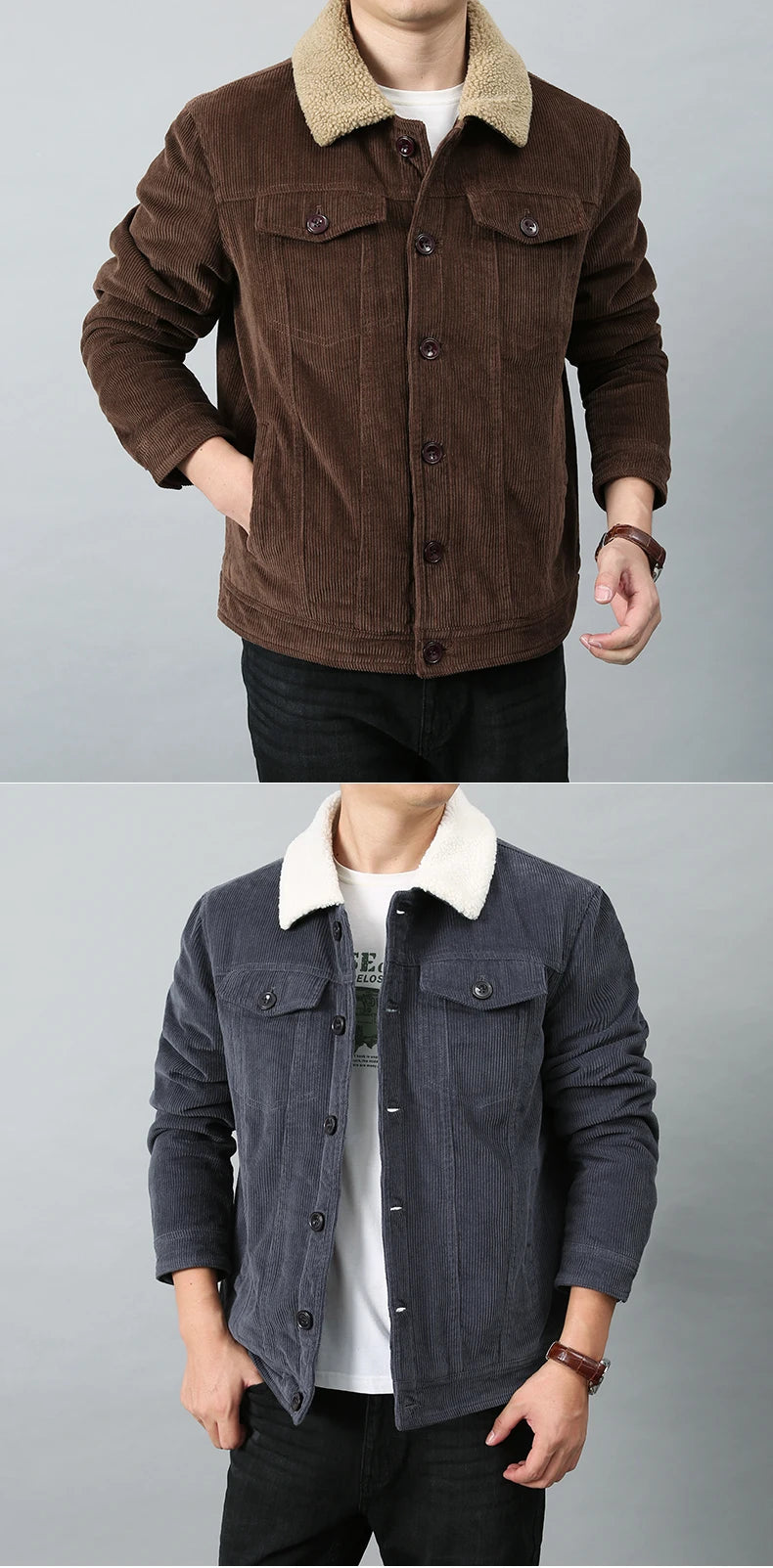 Men’s Fleece-Lined Corduroy Jacket | Padded Zip Parka Coat for Winter