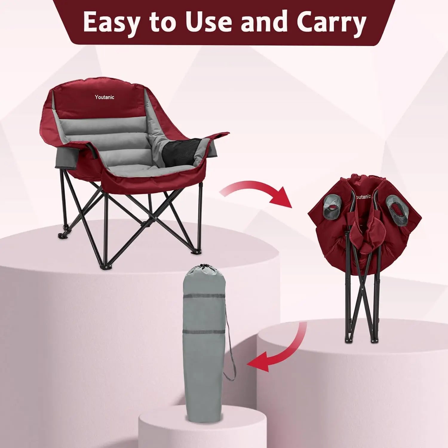 Heavy Duty Portable Camping Chair with Cup Holder, Side Pocket and Carry Bag - Can Support Up To 400lbs