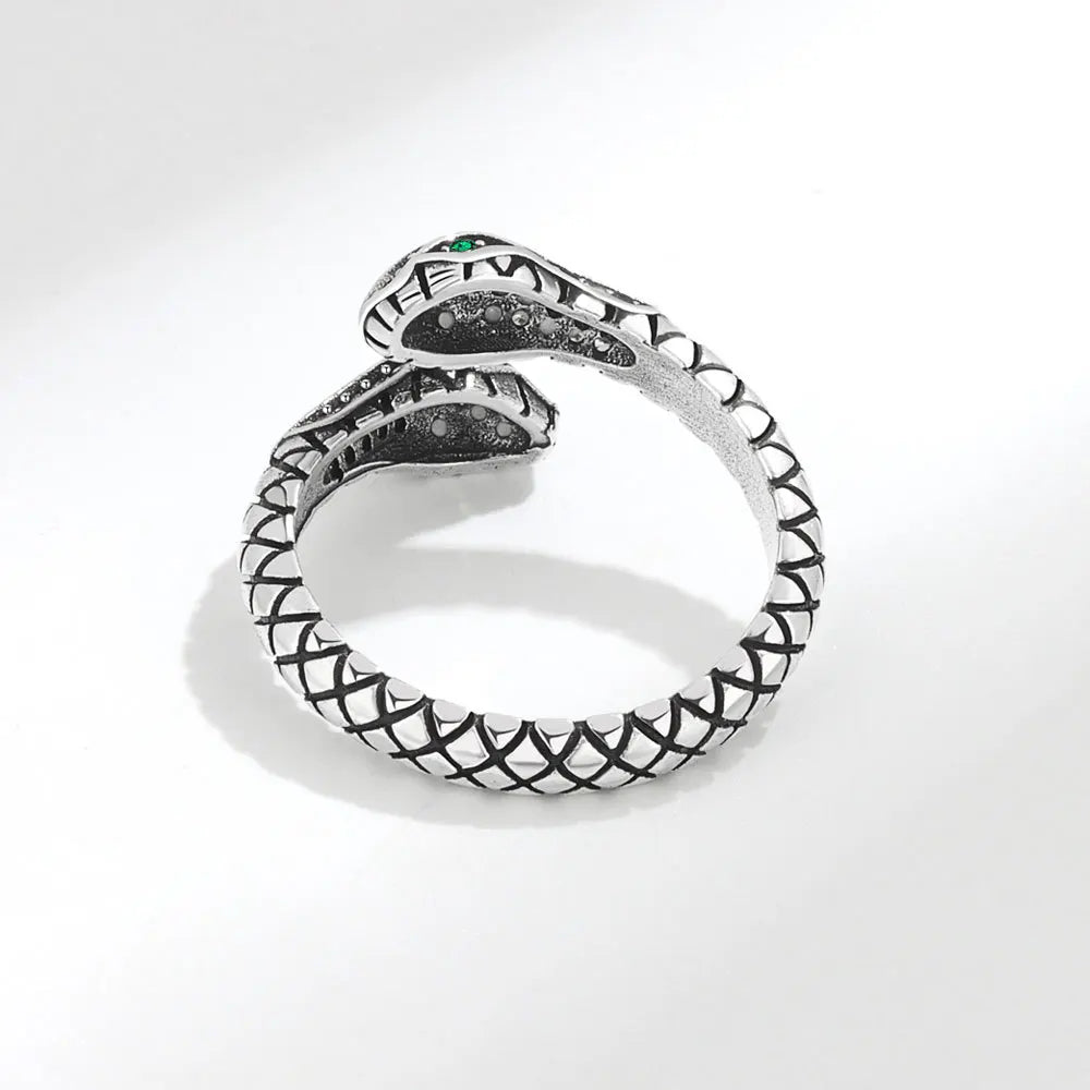 Retro-Chic Snake Ring with Green Eye CZ Stone in 925 Sterling Silver for Women