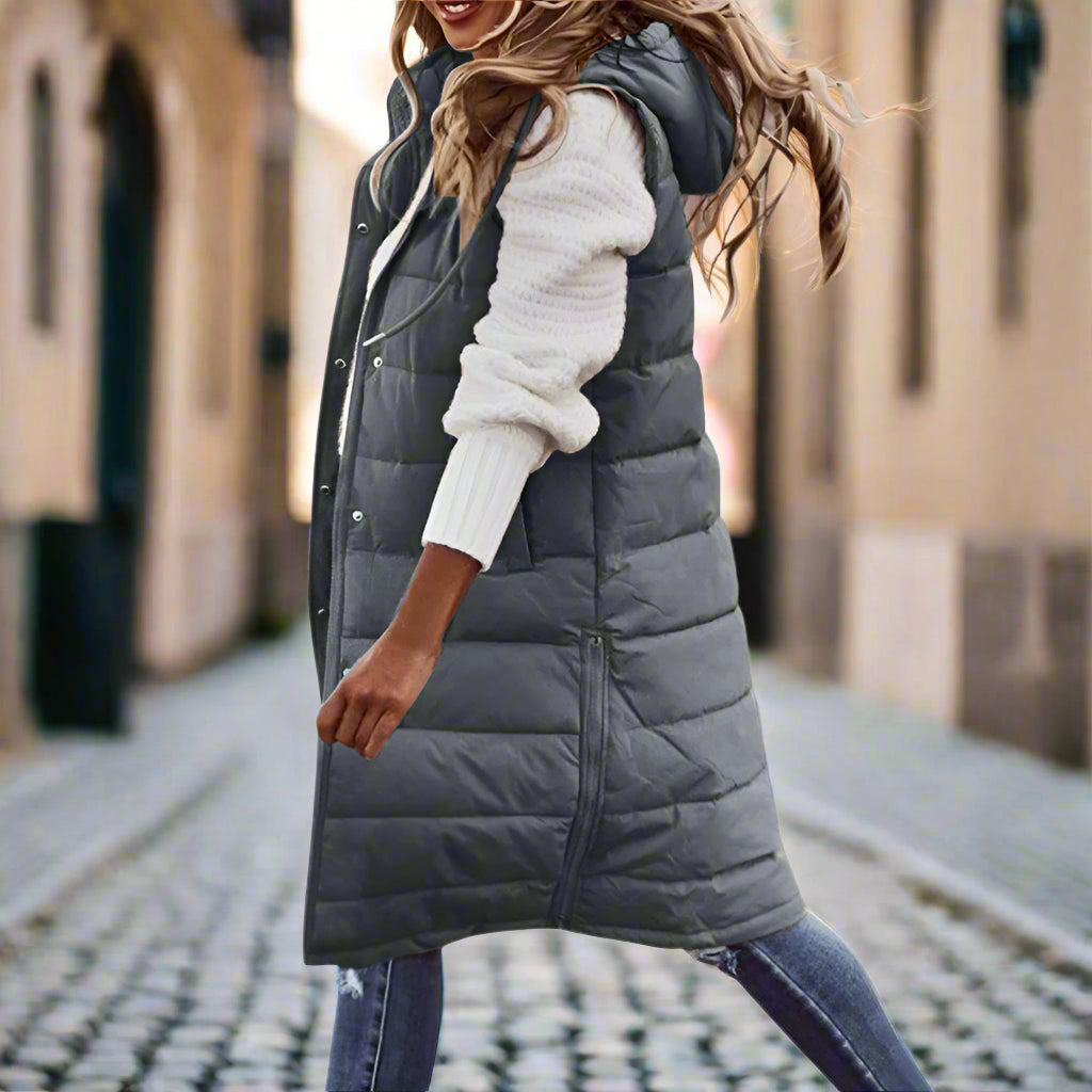 Women's Winter Long Quilted Sleeveless Waistcoat with Hood | Autumn/Winter Vest Coat (Up to 5XL)