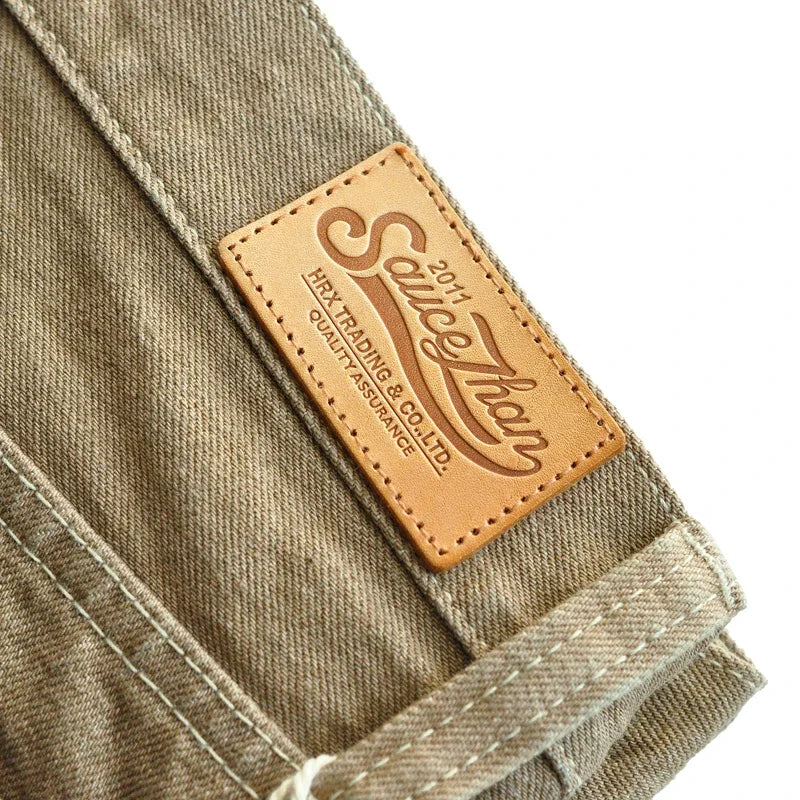 SauceZhan Men's Khaki Selvedge Denim Jeans - Casual Cargo Pants with Zipper Fly