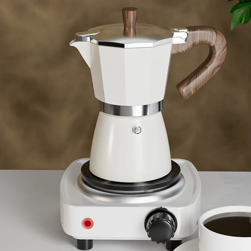 PARACITY Wooden Handle Moka Coffee Maker 150ML/300ML for Gas or Electric Stovetop Camping Percolator Cuban Coffee Cappuccino Latte