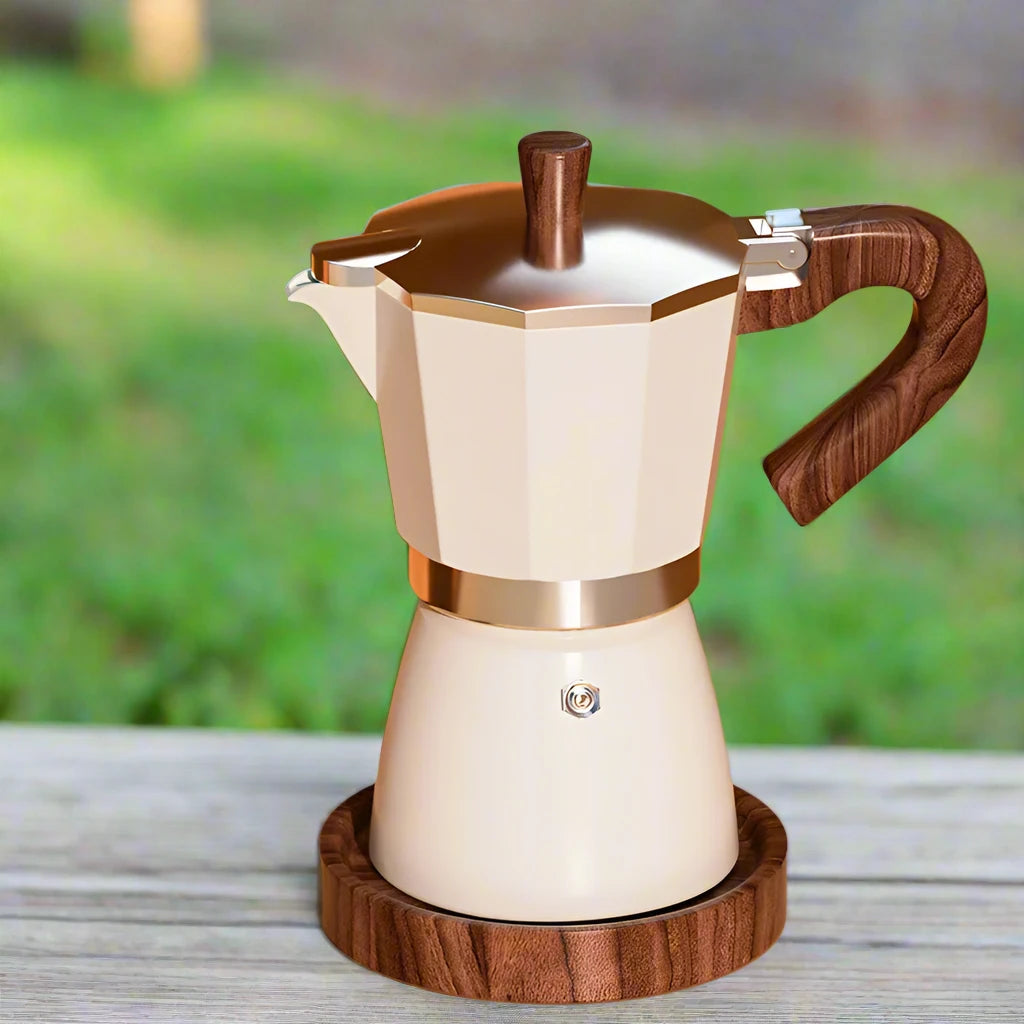 PARACITY Wooden Handle Moka Coffee Maker 150ML/300ML for Gas or Electric Stovetop Camping Percolator Cuban Coffee Cappuccino Latte