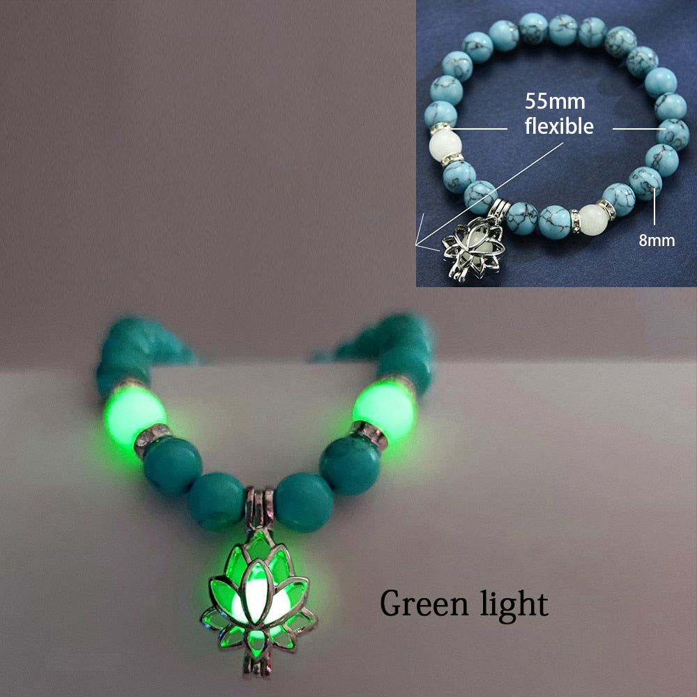 Healing Natural Stone Luminous Glow In The Dark Lotus Charm Bracelet - Adjustable and Comfortable Fit - LossTower