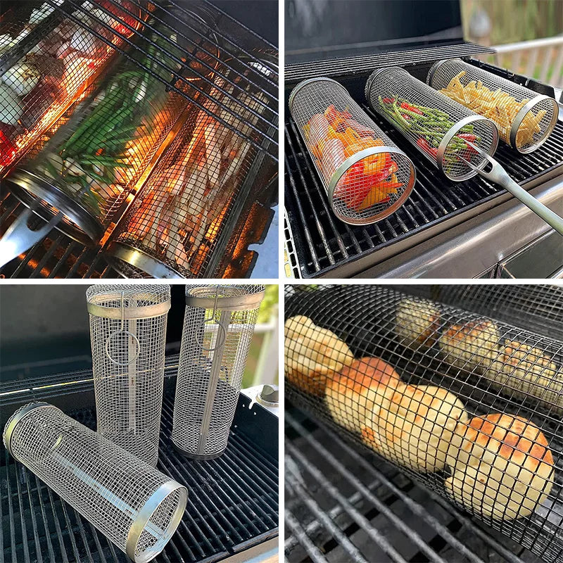 Portable Stainless Steel Wire Mesh Cylinder Rolling Grilling BBQ Basket Heat Resistant Non Stick for Camping