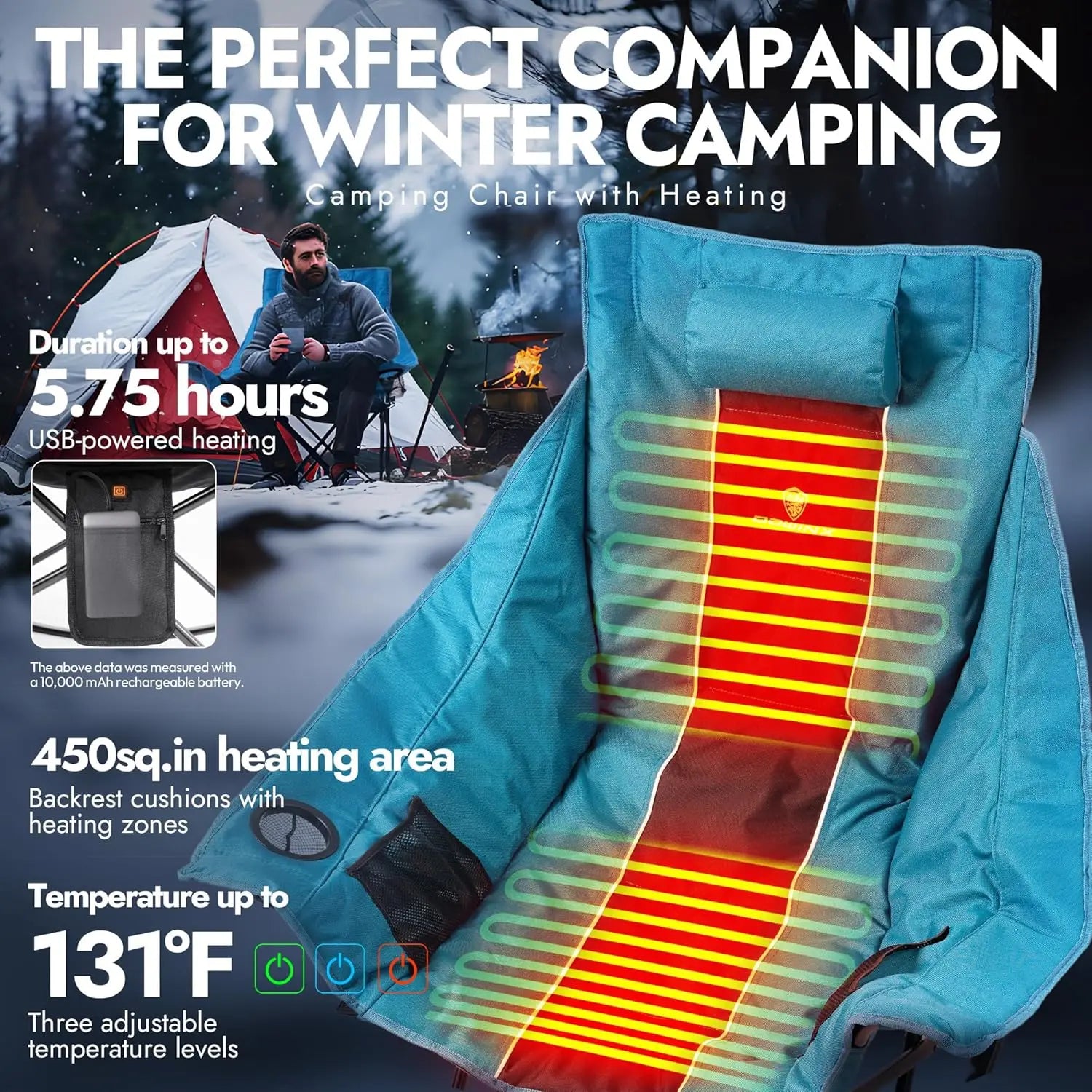 Oversized Heated Rocking Camping Chair | Fully Padded Portable Heated Lawn Chair with 3 Heat Settings | Side Pocket Cup Holder and Carry Bag for Outdoor Comfort