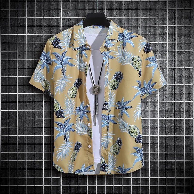 Men's Short Sleeve Hawaiian Shirt with Turtle Neck Design - Summer Casual Polo Shirt for Men