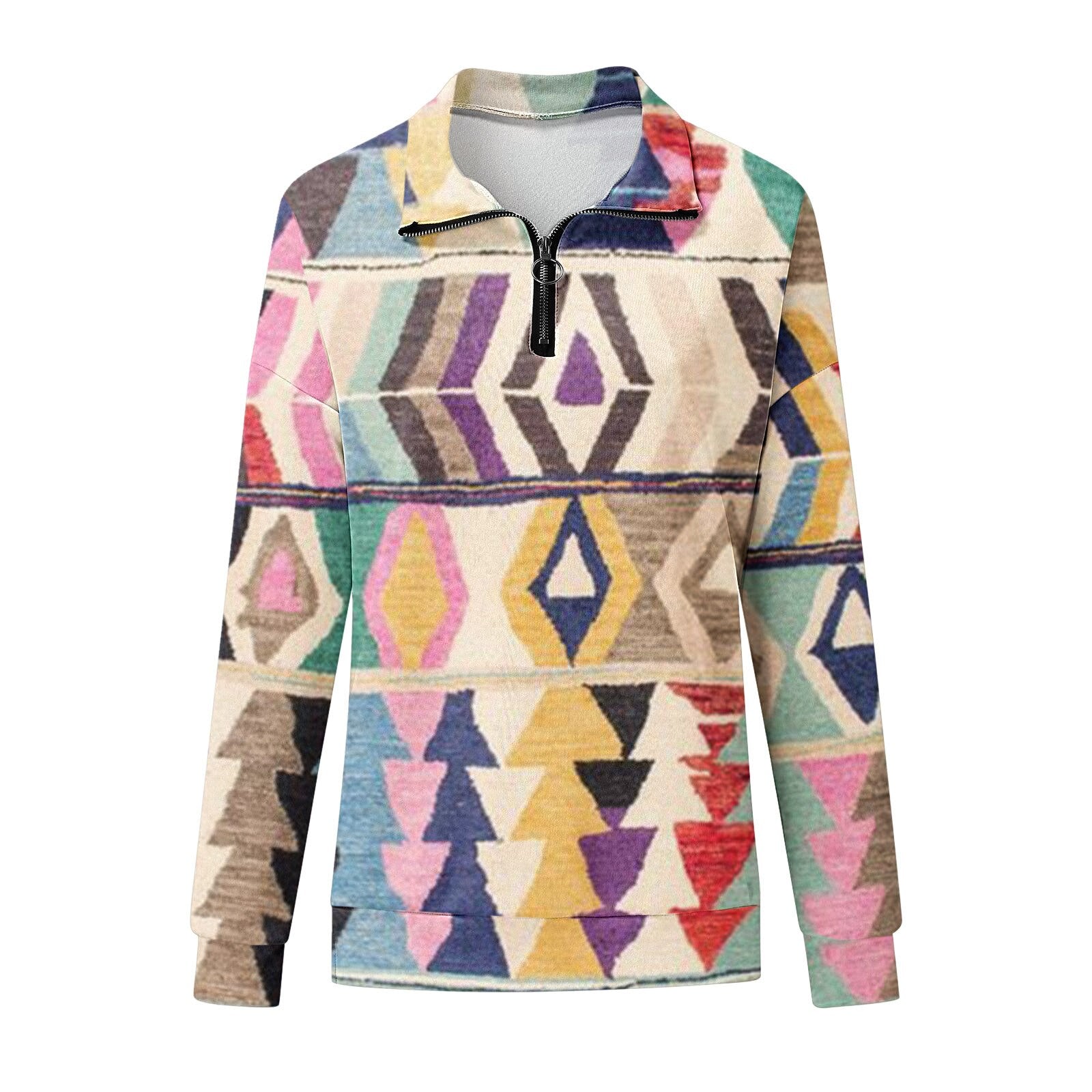 Women's Vintage Geometric Print Aztec Pullover Hoodie - Retro Style Lightweight Polyester Sweatshirt