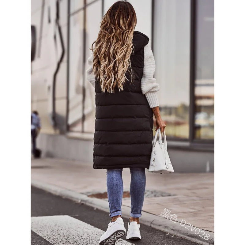 Women's Winter Long Quilted Sleeveless Waistcoat with Hood | Autumn/Winter Vest Coat (Up to 5XL)