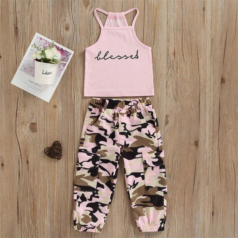 Kids Summer Clothes Set for Girls 2-6 Years - Cotton Sleeveless Top + Camo Pants