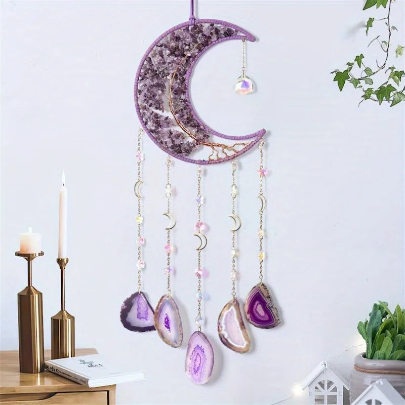 Amethyst Moon Dreamcatcher with Healing Crystals - Tree of Life Wall Decor for Positive Energy