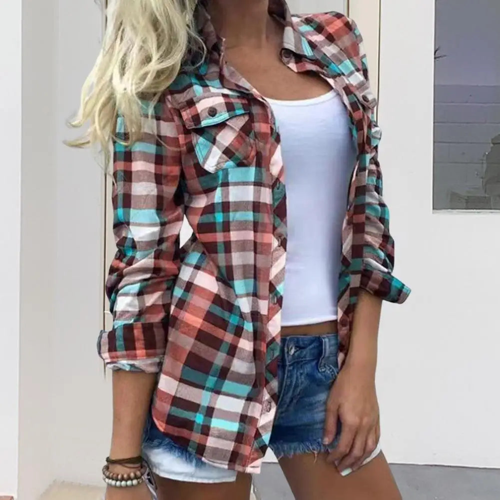 Women's Plaid Shirt with Turn-down Collar and Pockets - Soft and Stretchy Fabric - Sizes S-3XL Available