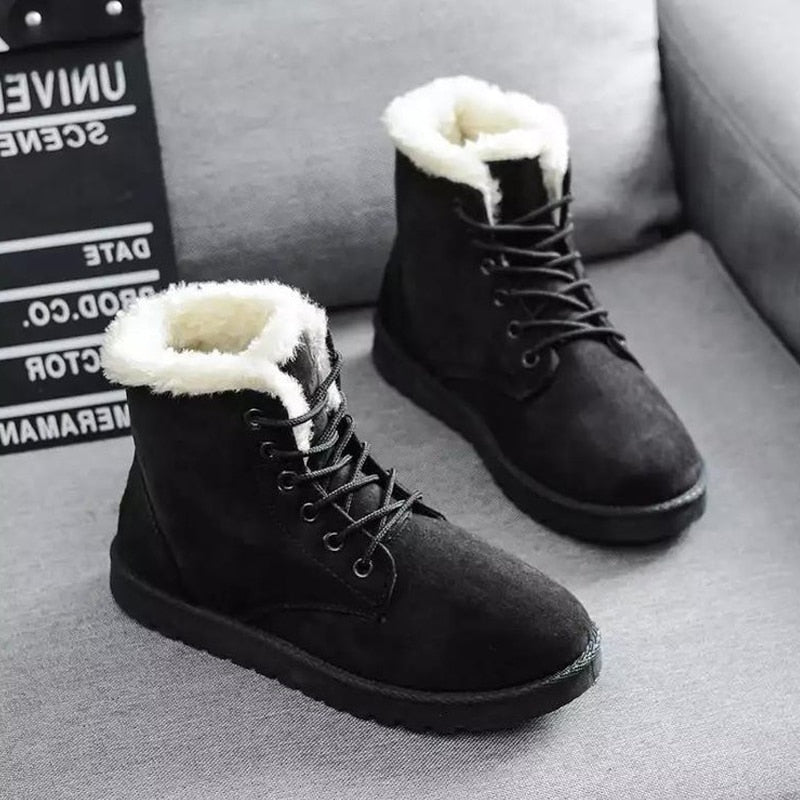 Warm and Stylish Women's Leather Lace-Up Snow Boots with Faux Fur Lining