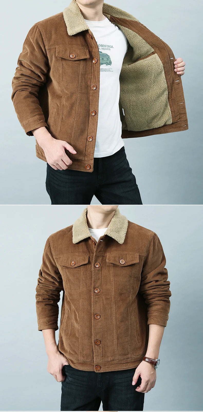 Men’s Fleece-Lined Corduroy Jacket | Padded Zip Parka Coat for Winter