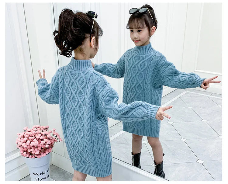 Long Knitted Sweater for Girls Ages 3-13 | Cozy Autumn and Winter Wool Blend Fashion