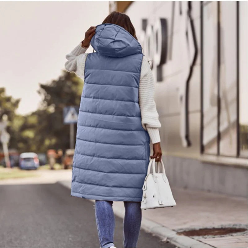 Women's Winter Long Quilted Sleeveless Waistcoat with Hood | Autumn/Winter Vest Coat (Up to 5XL)