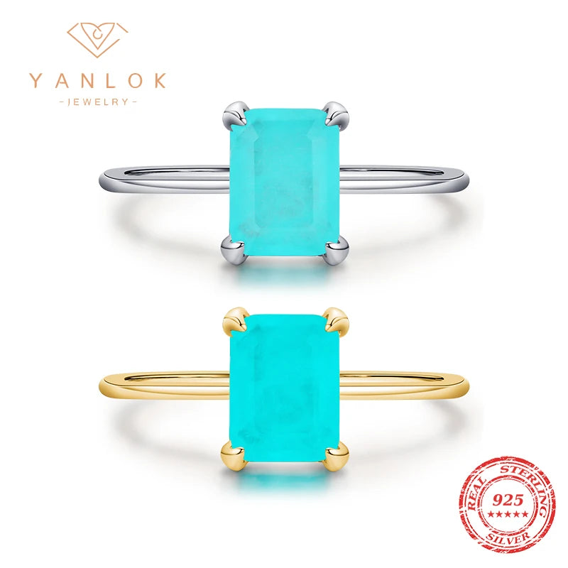 YANLOK Luxury Lab-Created Paraiba Tourmaline Ring 925 Sterling Silver Fine Jewelry