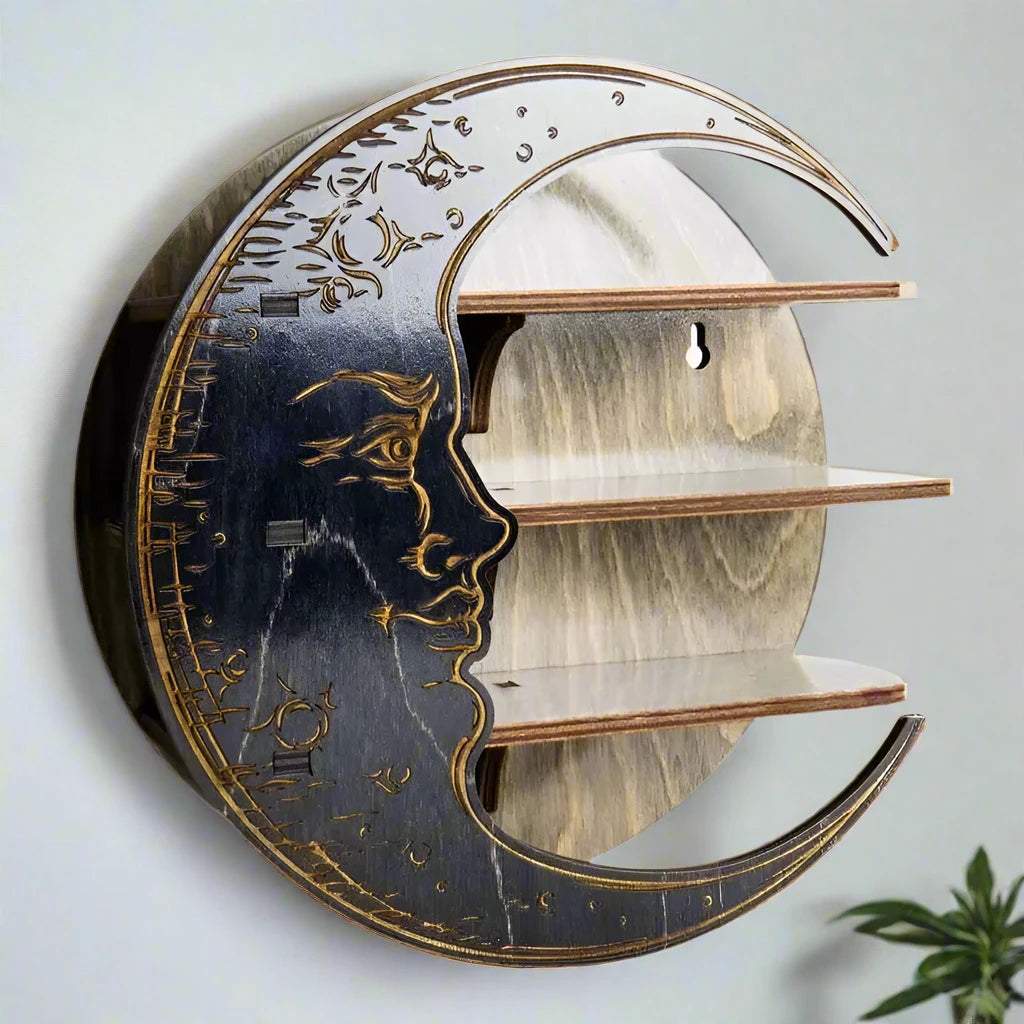 Boho Wooden Moon Face Shelf - Floating Wall Display Stand for Organizing Crystals, Jewelry, and Home Decor