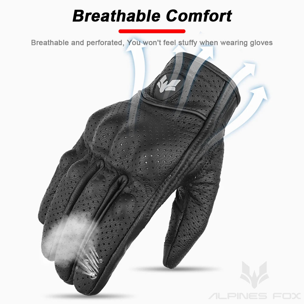 ALPINES FOX Vintage Black Leather Motorcycle Gloves Unisex Touchscreen Anti-slip