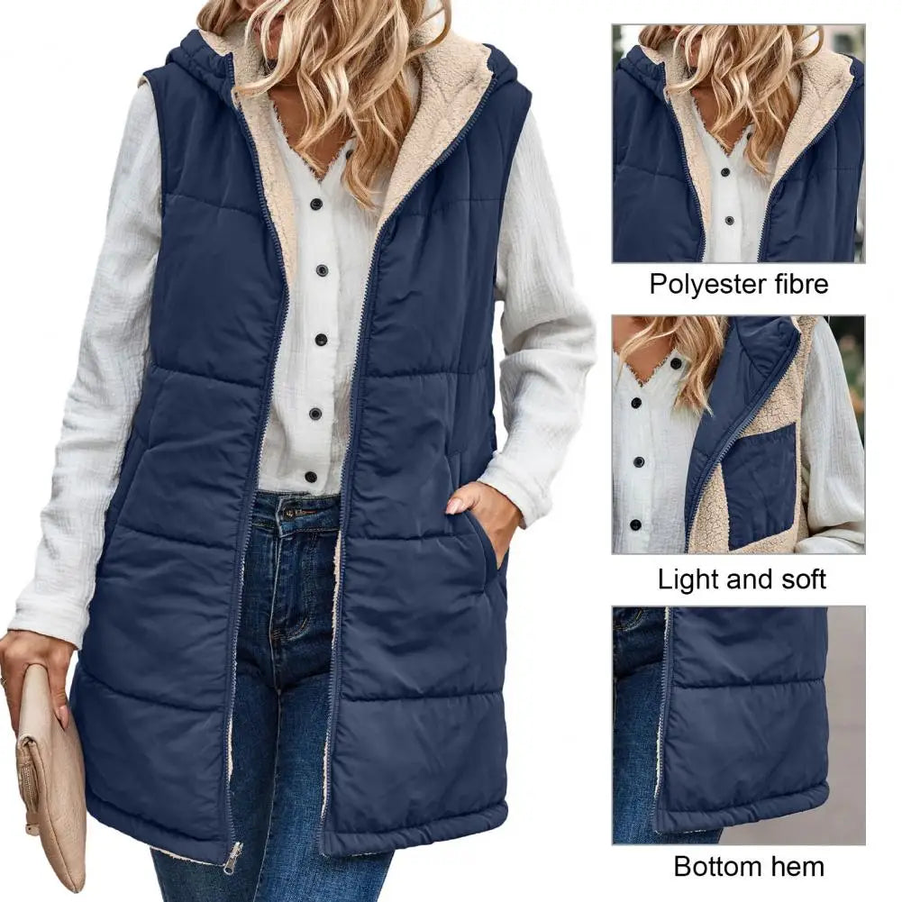 Women’s Reversible Hooded Fleece Vest Coat – Mid-Length Sleeveless Jacket for Fall & Winter Outerwear