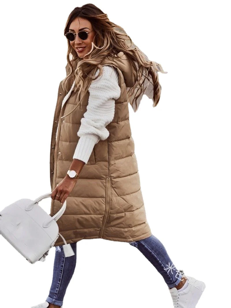 Women's Winter Long Quilted Sleeveless Waistcoat with Hood | Autumn/Winter Vest Coat (Up to 5XL)