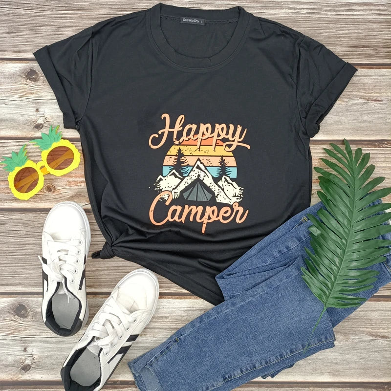 Unisex Vintage Happy Camper Graphic T-shirt - Summer Casual O-neck Short Sleeve Top