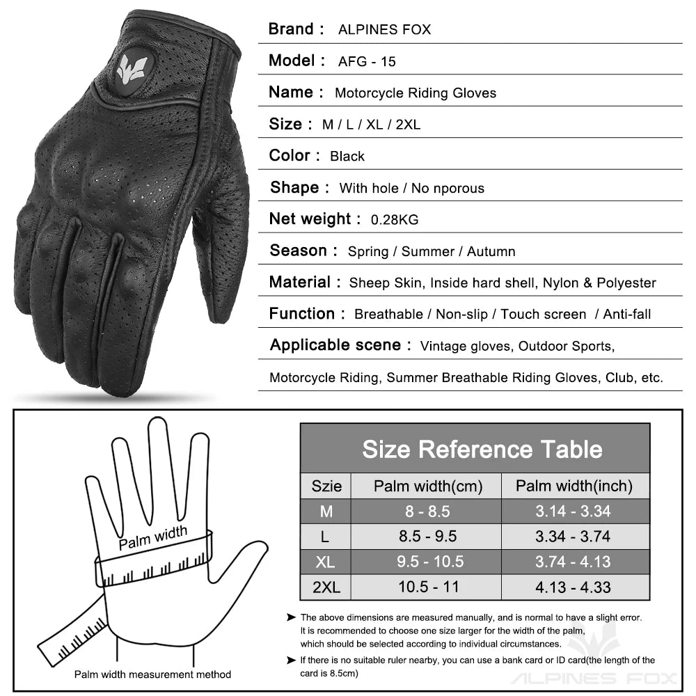 ALPINES FOX Vintage Black Leather Motorcycle Gloves Unisex Touchscreen Anti-slip