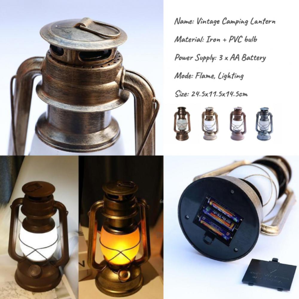 Vintage Waterproof LED Camping Lantern Durable Iron and PVC Construction Flame and Lighting Modes