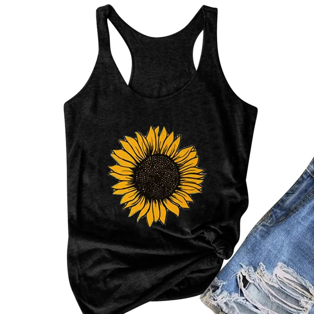 Women's Sleeveless Sunflower Print Tank Top - Summer Round Neck Top