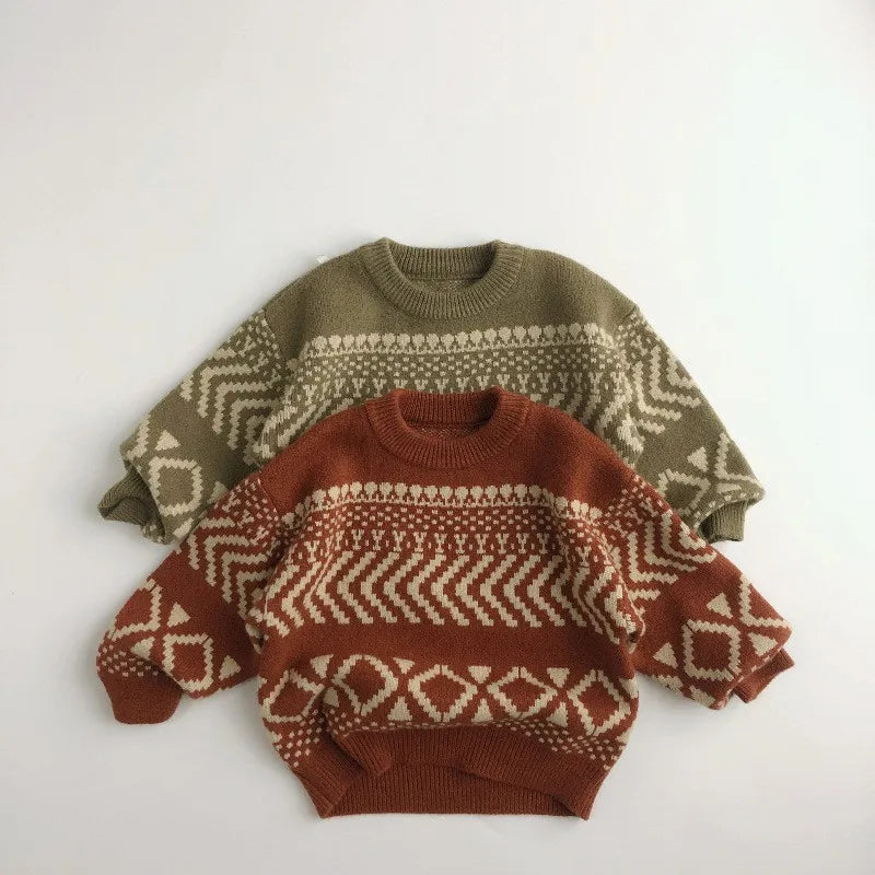 Thick Warm Jacquard Sweater for Kids | Geometric Knitted Pullover for Boys and Girls