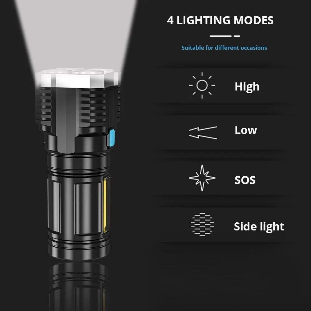 Portable LED Flashlight - High Lumens Tactical Light with Sidelight - 4X LED - Zoomable - Water-resistant - Rechargeable