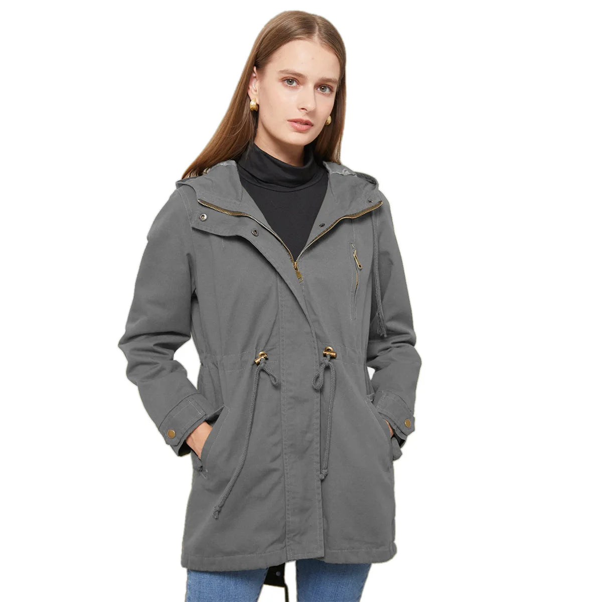 Hooded Windbreaker Jacket with Drawstring Waist and Pockets for Women - Comfortable and Stylish Trench Coat - Sizes S-4XL Available