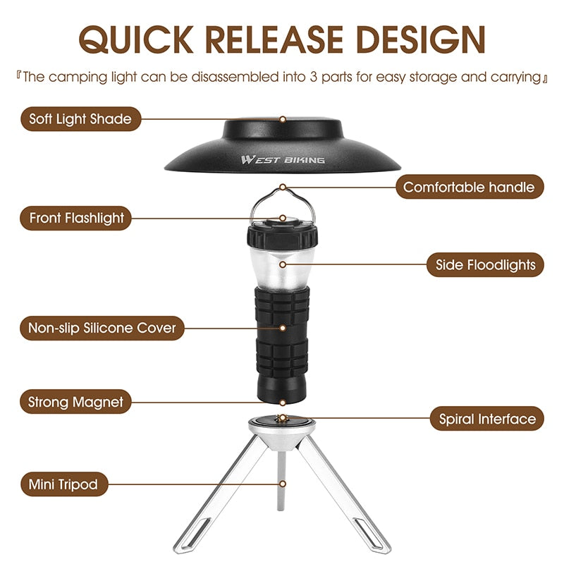 WEST BIKING Portable Camping Light with Magnetic USB Rechargeable - 3 Lighting Modes