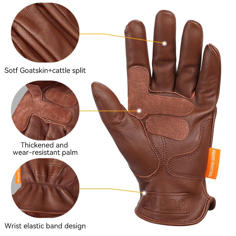 OZERO Retro Leather Motorcycle Gloves Non-Slip Breathable Unisex Full Finger Safety Gloves