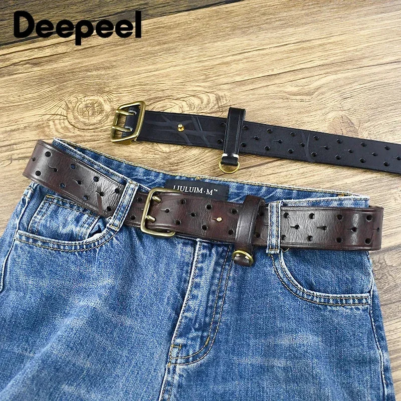 Retro Deepeel Men's Genuine Cowhide Leather Belt with Double Pin Buckle