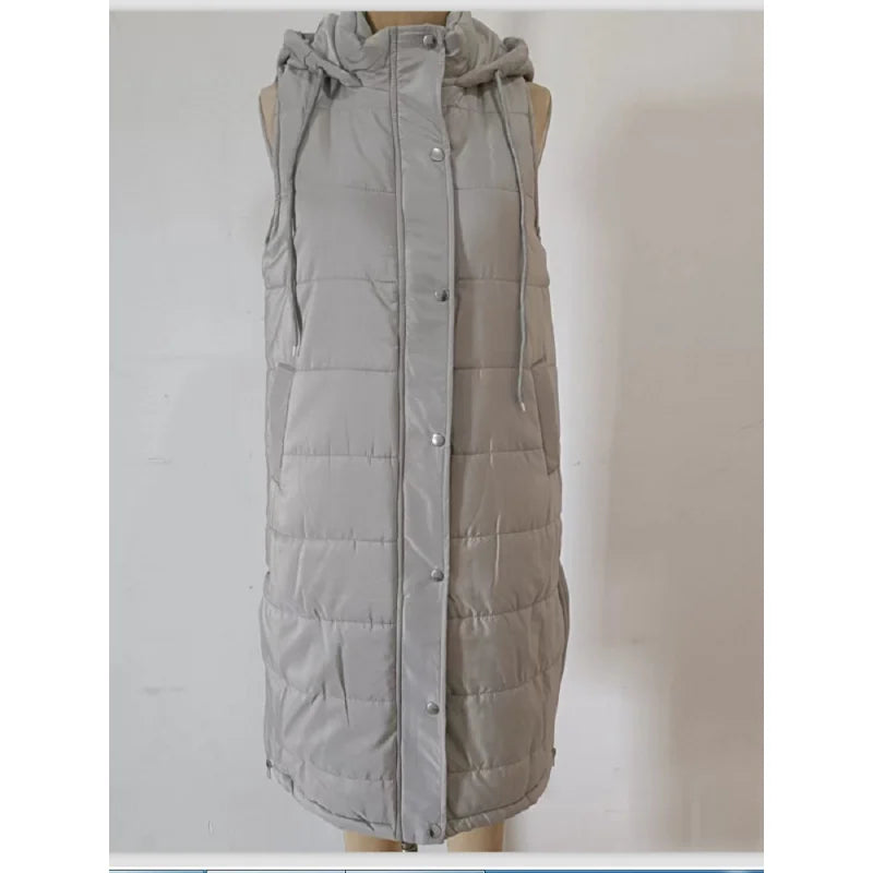 Women's Winter Long Quilted Sleeveless Waistcoat with Hood | Autumn/Winter Vest Coat (Up to 5XL)