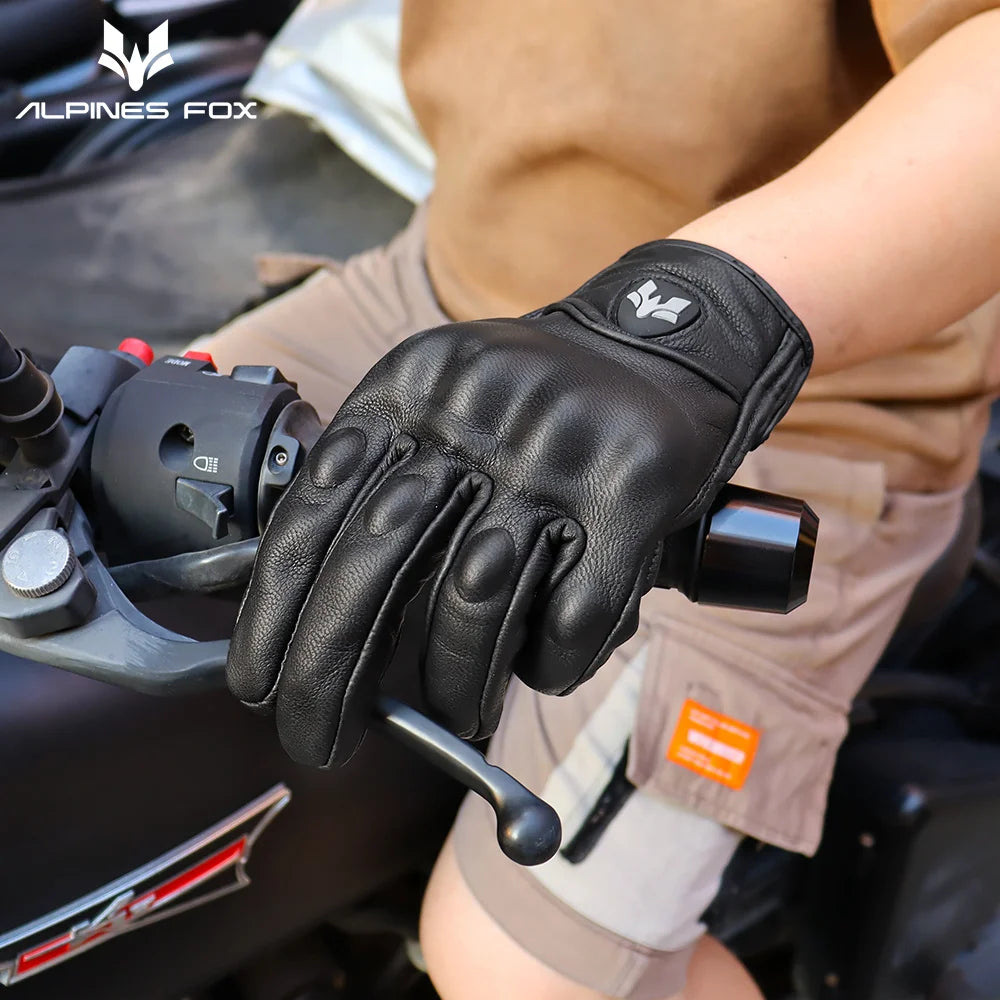 ALPINES FOX Vintage Black Leather Motorcycle Gloves Unisex Touchscreen Anti-slip