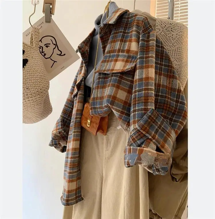 Women's Vintage Plaid Woolen Shirts| Stylish Baggy Casual Tops with Pockets | Lapel Outerwear in Blue and Coffee (S-3XL)