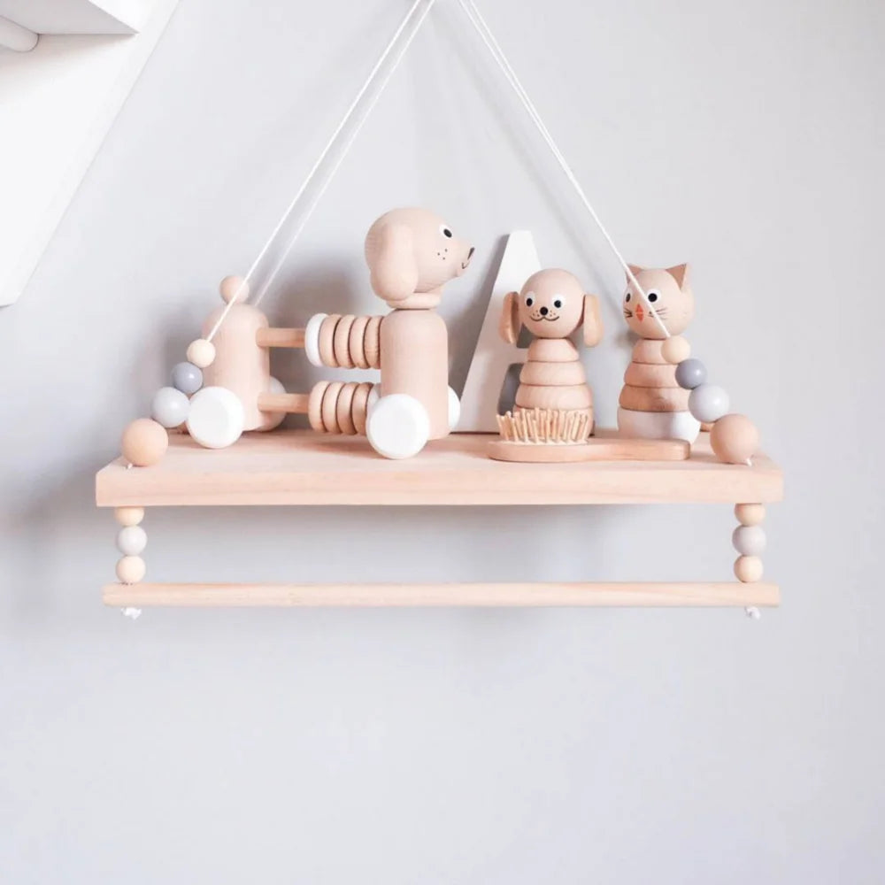 Two-Tier Wooden Beads Wall Hanging Shelf with Swing Rope - Perfect for Home, Office, Cafe, and Kid's Room Decor