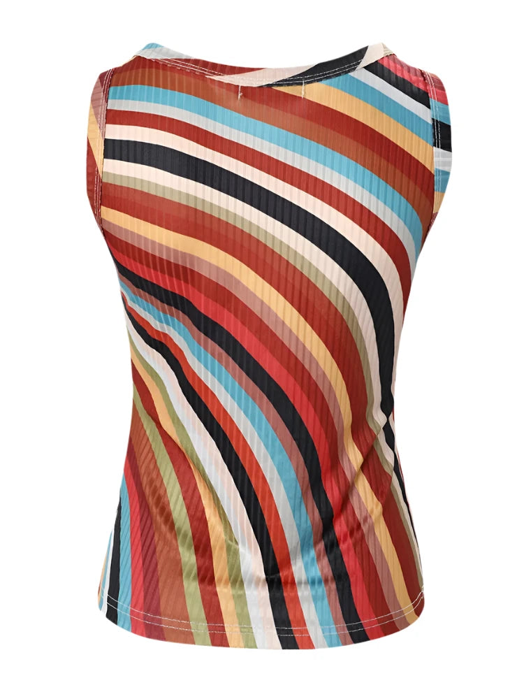 Women's Rainbow Stripe Print Button Front Tank Top - Stylish & Comfortable Summer Wear